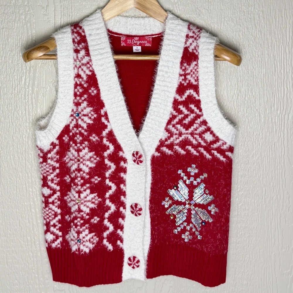 33 Degrees Womens Red White Snowflake Sequin Button Front Sweater Vest Small